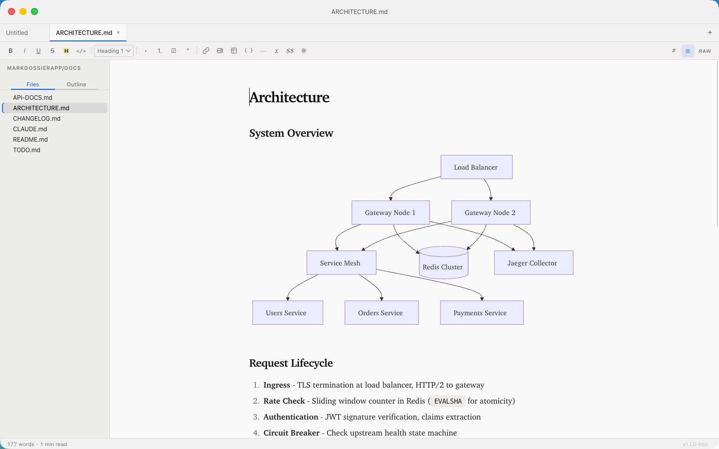 markdossier editing an Architecture.md file with a rendered Mermaid diagram, sidebar file tree, and formatting toolbar