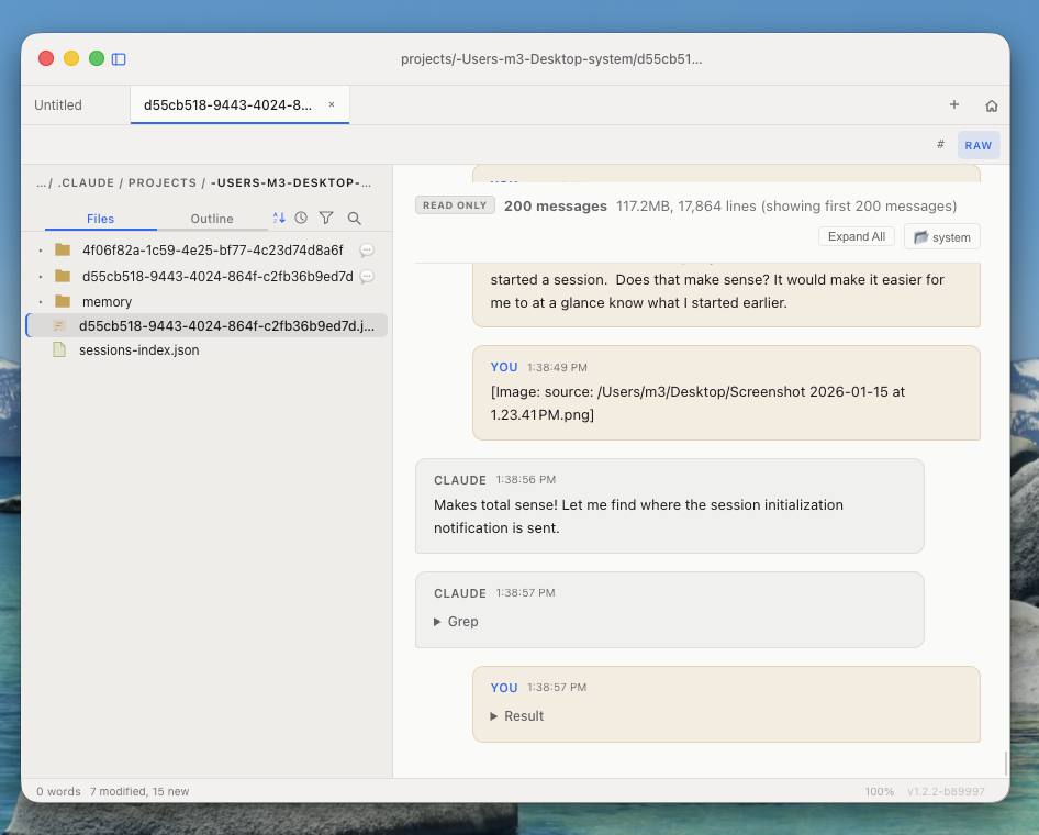 markdossier rendering a Claude Code or Codex session as a conversation with chat bubbles and timestamps